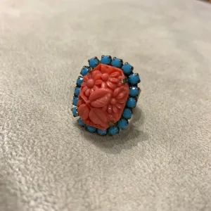 Coral and turquoise glass ring by Frangos