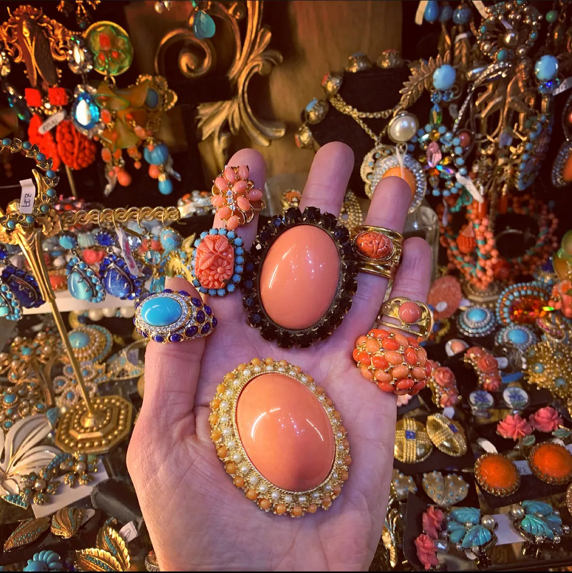 Coral and turquoise glass ring by Frangos