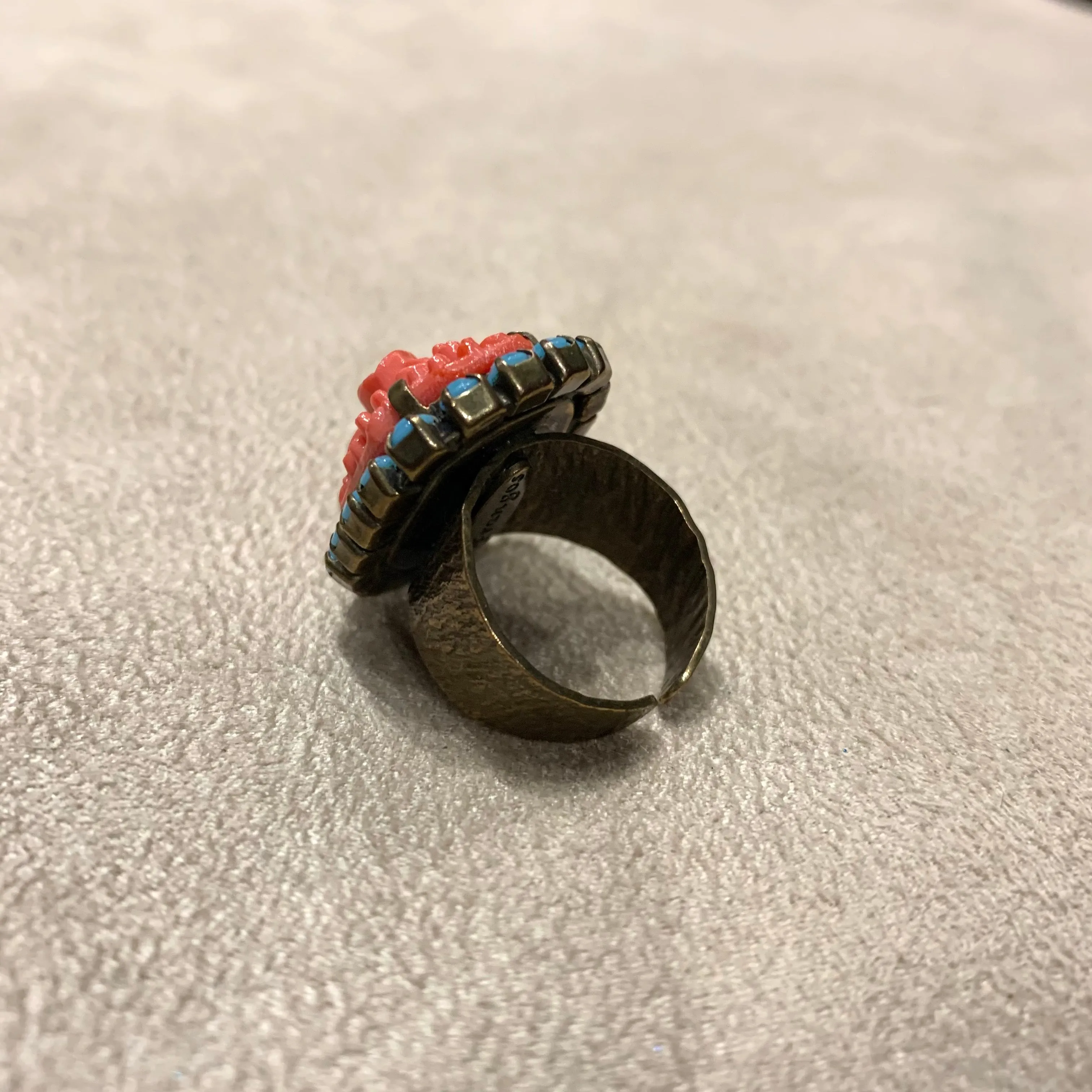 Coral and turquoise glass ring by Frangos
