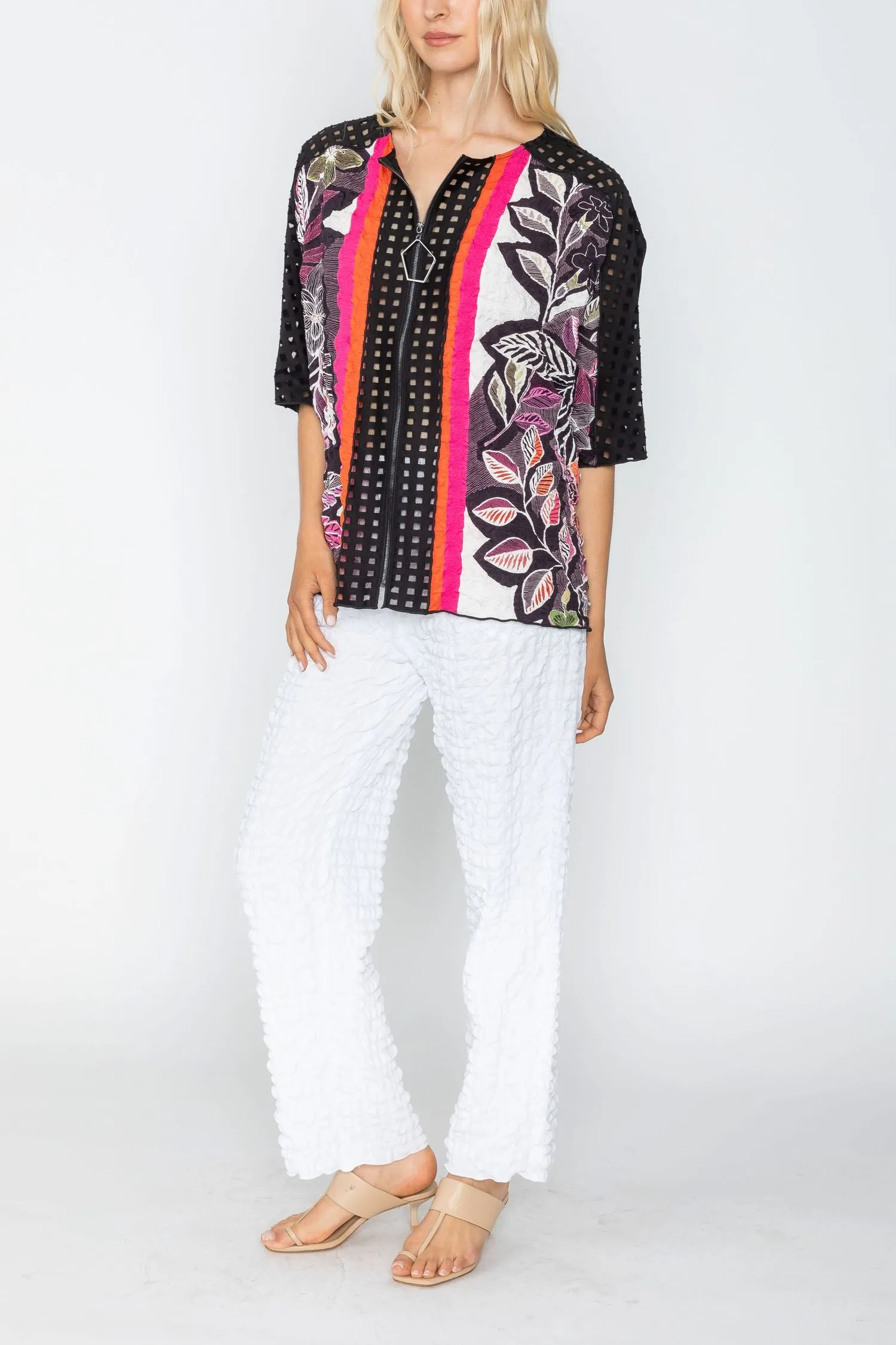Coral Zip-Up Scare Pattern Top