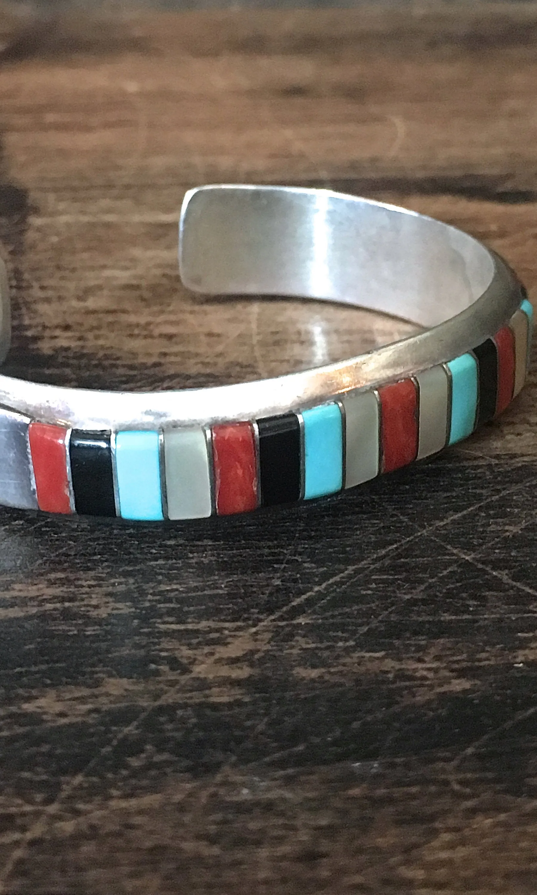 EL GASPER Zuni Turquoise, Mother of Pearl, Jet Coral Inlay Cuff