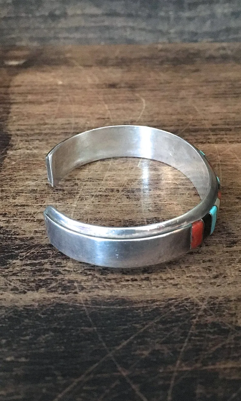 EL GASPER Zuni Turquoise, Mother of Pearl, Jet Coral Inlay Cuff