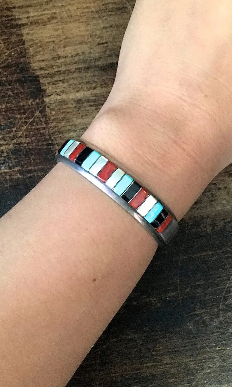 EL GASPER Zuni Turquoise, Mother of Pearl, Jet Coral Inlay Cuff