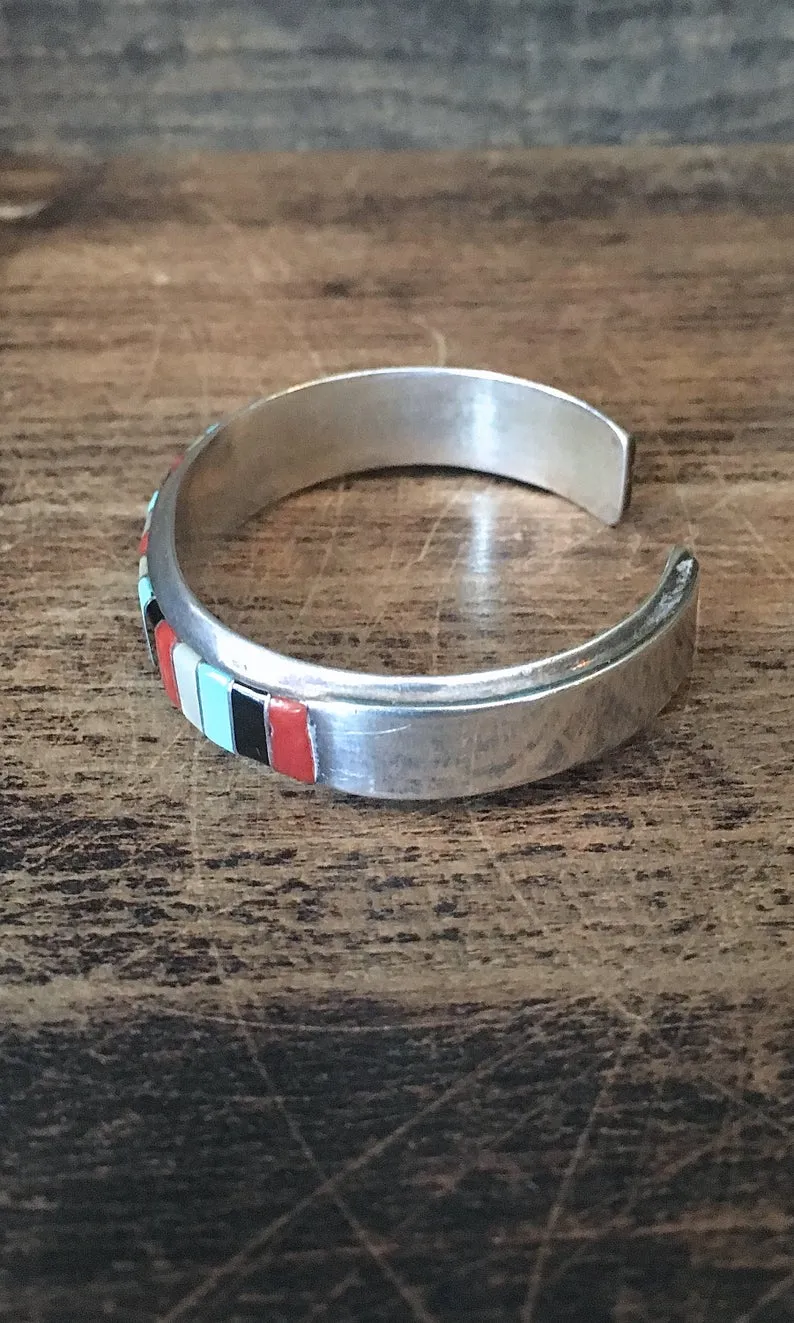 EL GASPER Zuni Turquoise, Mother of Pearl, Jet Coral Inlay Cuff