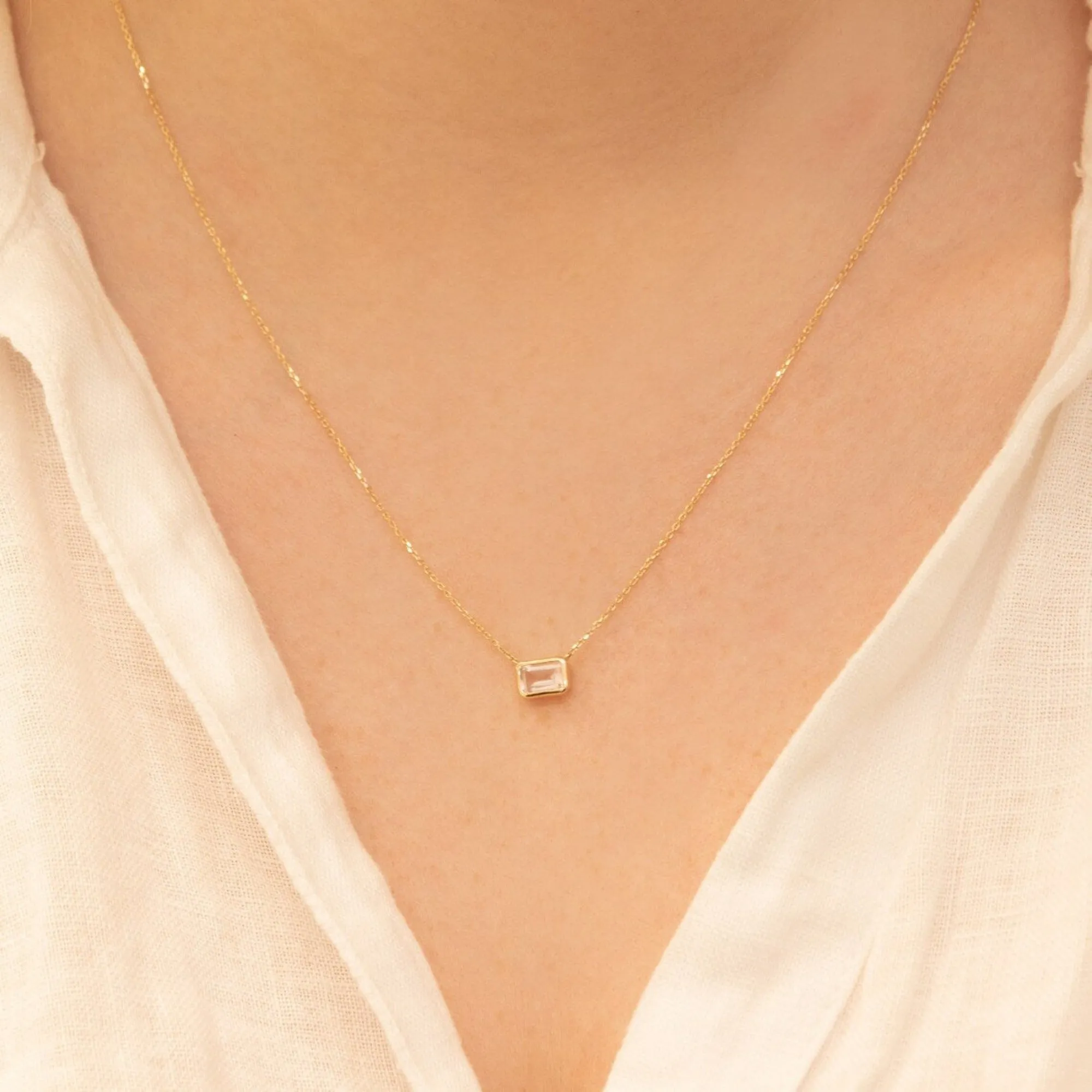 Emerald Cut Rose Quartz Necklace, Luisa