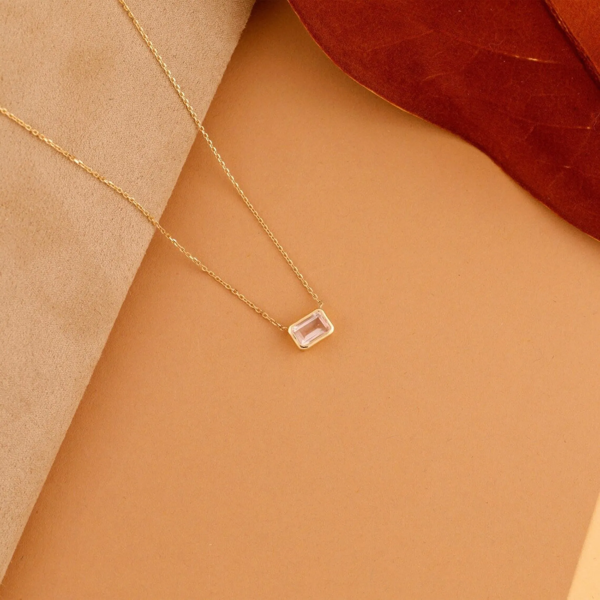 Emerald Cut Rose Quartz Necklace, Luisa