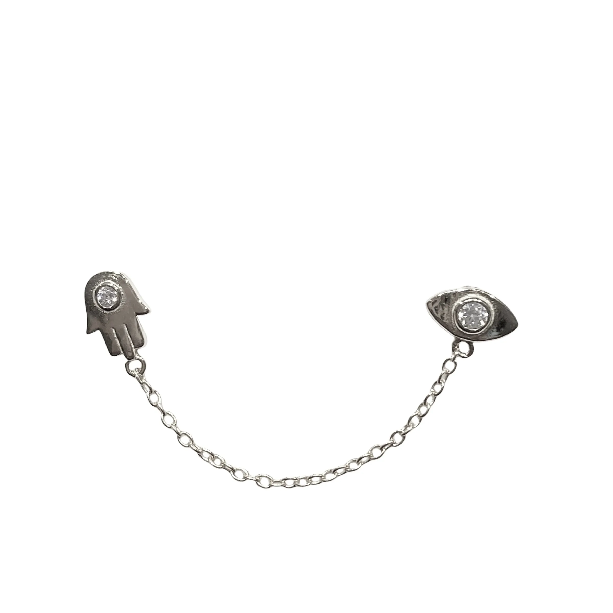 Evil Eye Hamsa Double Chain Stud Earrings