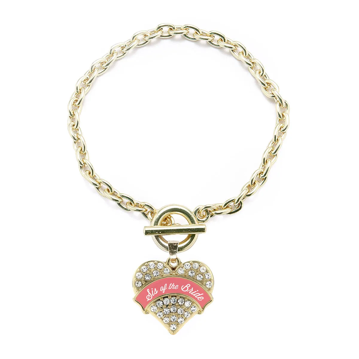 Gold Coral Sis of Bride Pave Heart Charm Toggle Bracelet