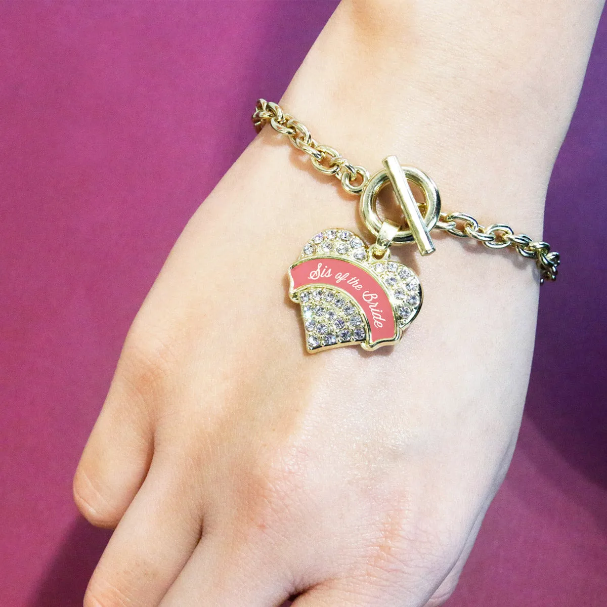Gold Coral Sis of Bride Pave Heart Charm Toggle Bracelet