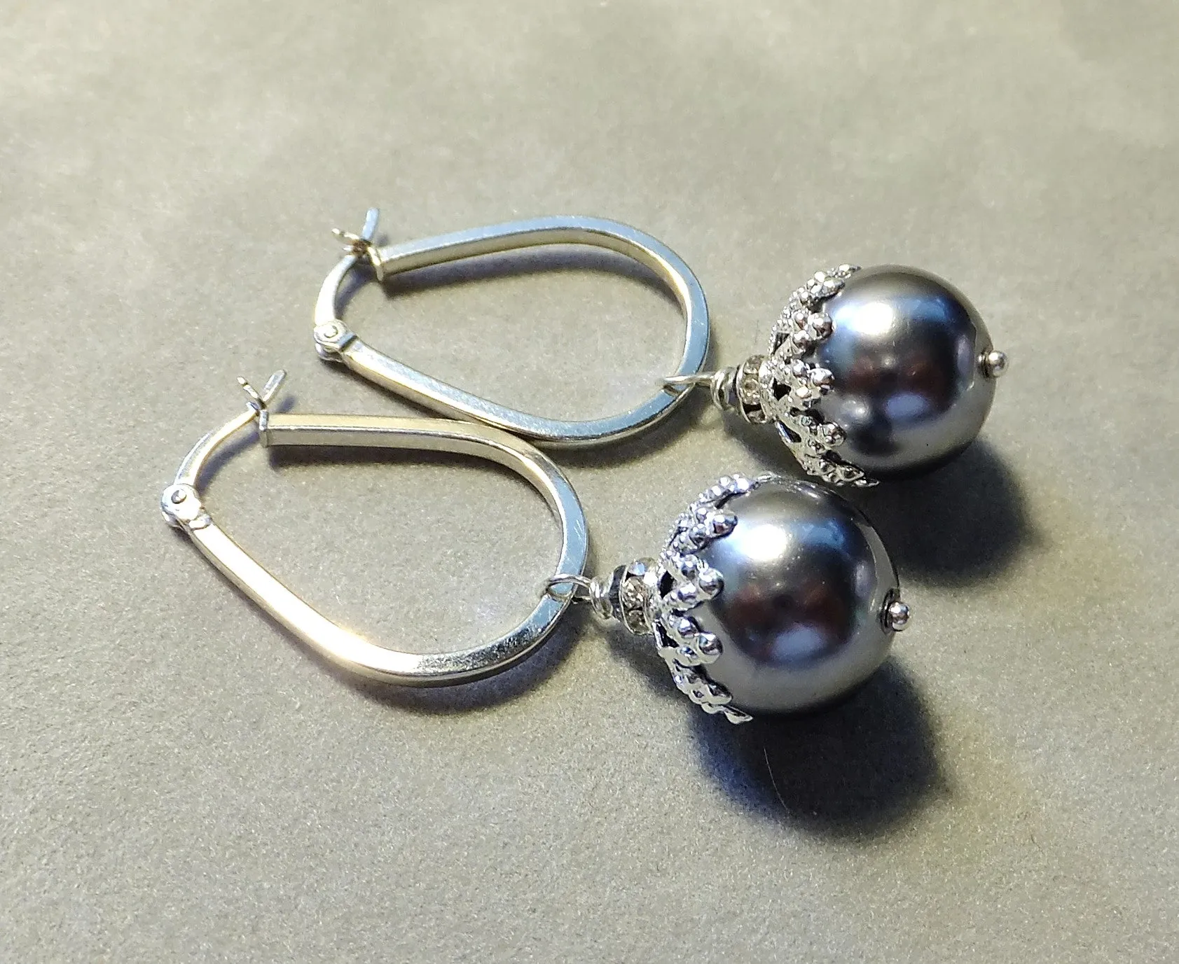 Grey Mother Of Pearl Hoop Sterling Silver Earrings