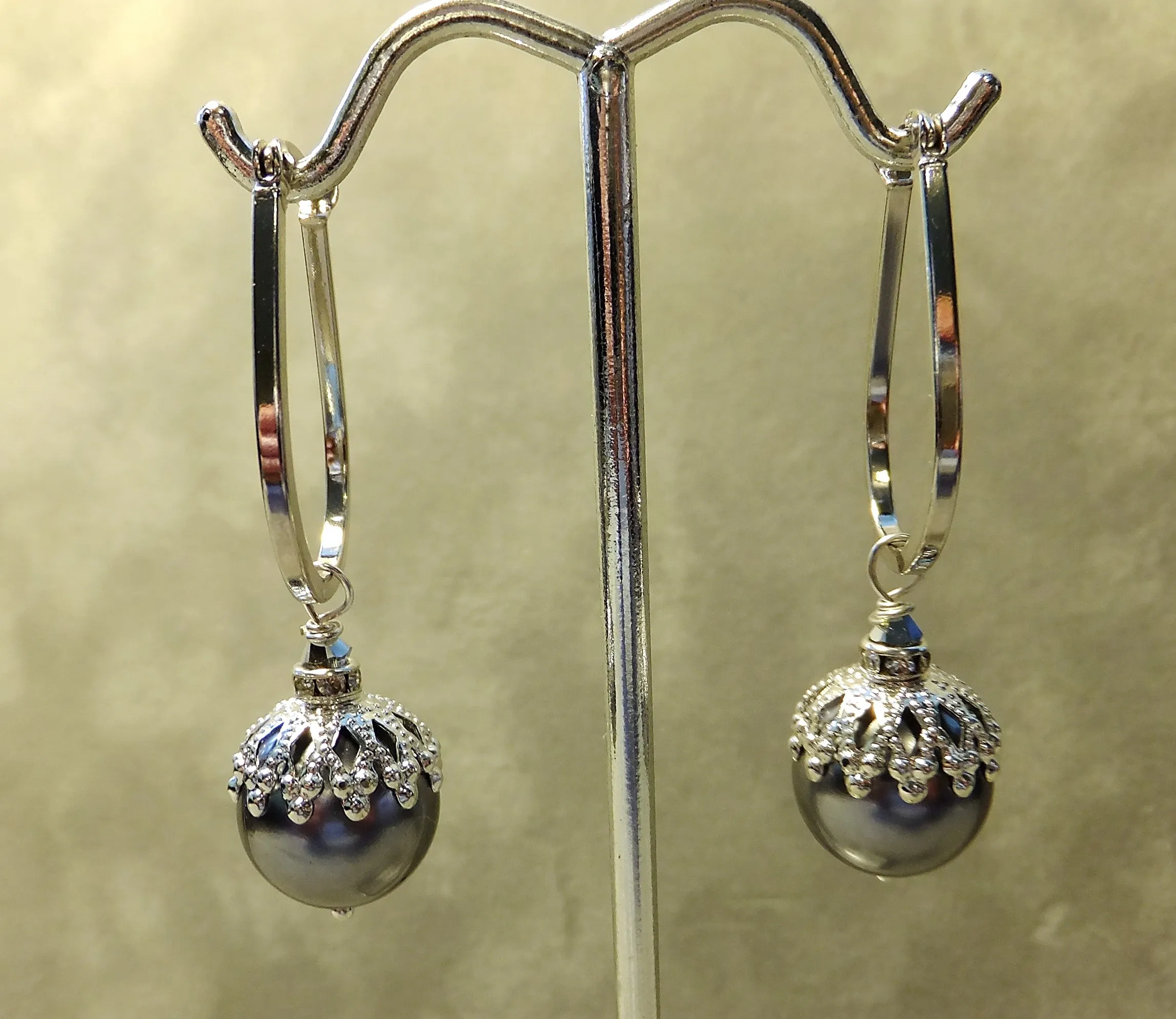 Grey Mother Of Pearl Hoop Sterling Silver Earrings