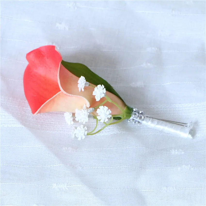 Groom Boutonniere Artificial Coral Calla Lily Boutineer