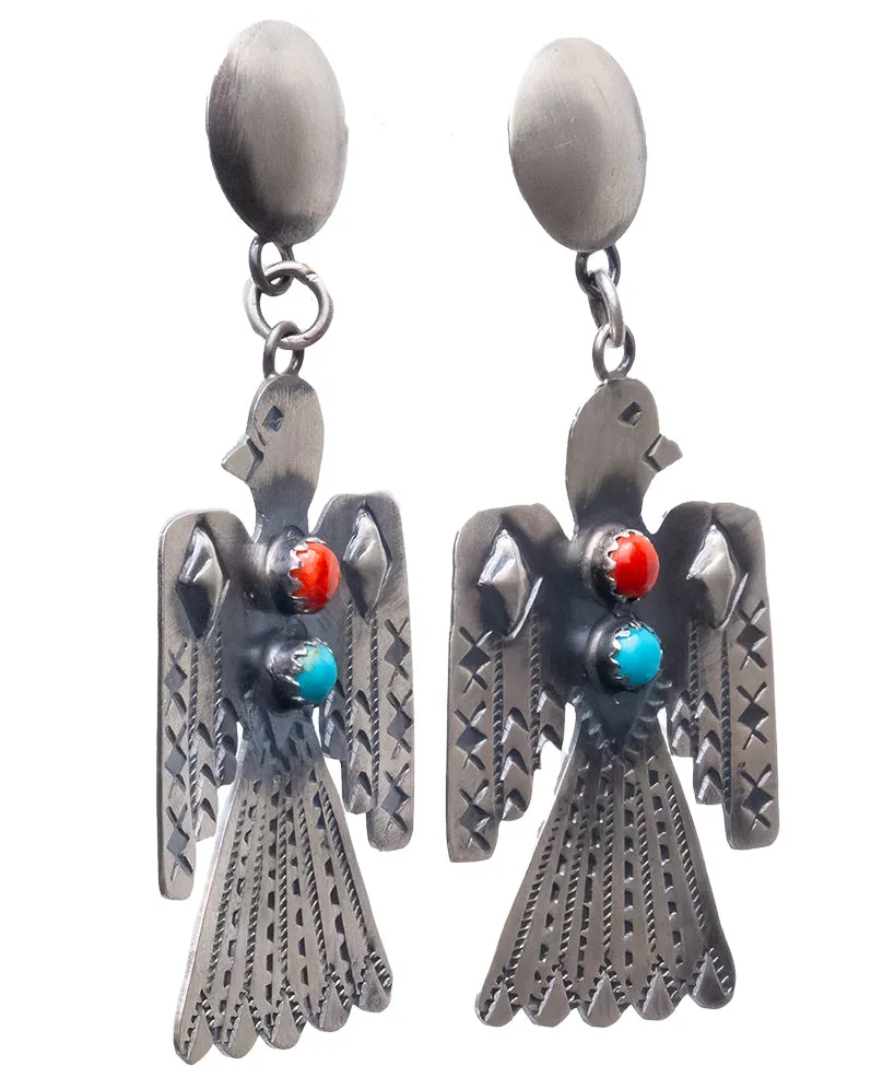 Kingman Turquoise & Spiny Oyster Shell Thunderbird Earrings | Tim Yazzie