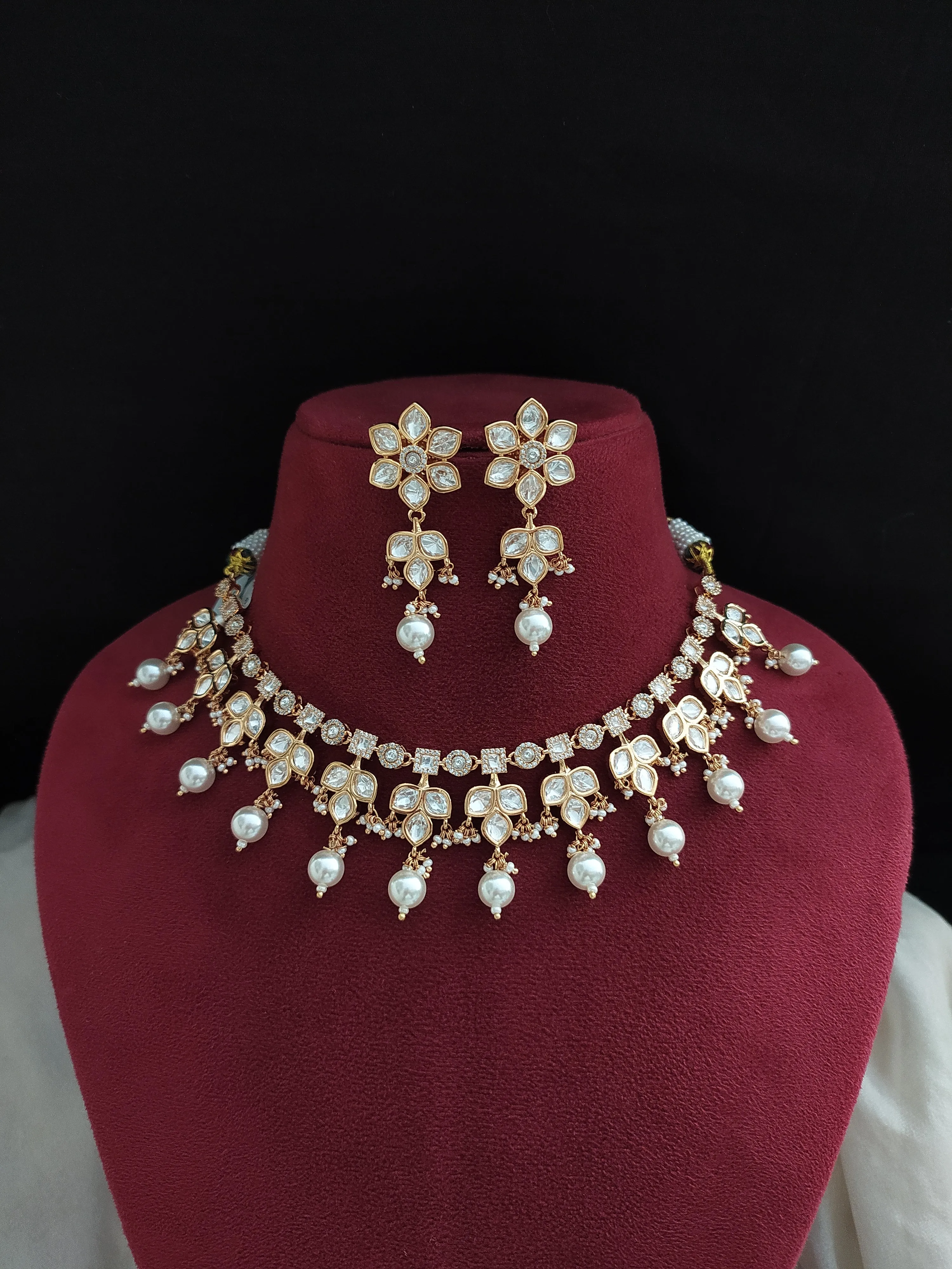 Kundan Choker/Necklace Set with Floral Design, Uncut Diamond Stones, and Jhumki Earrings