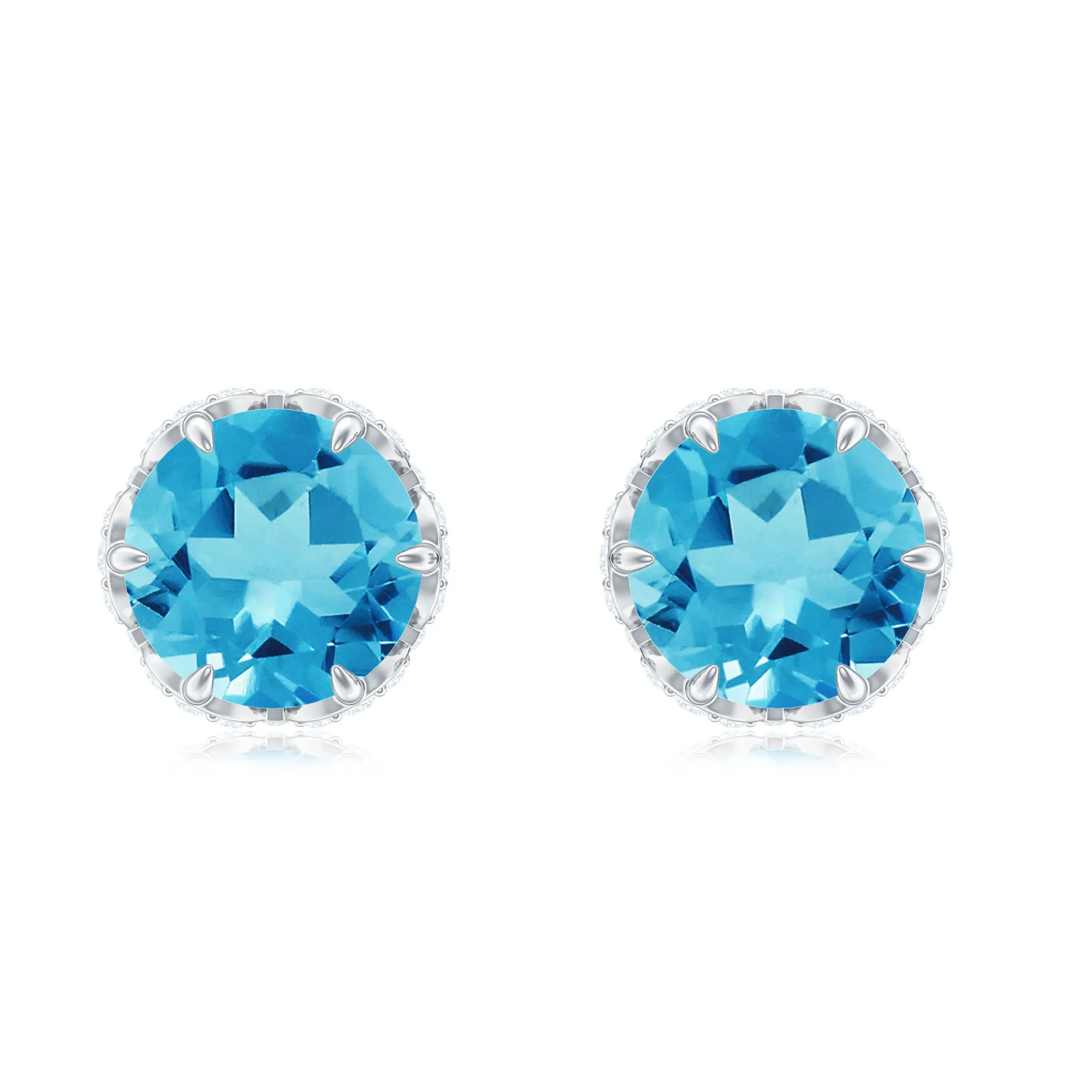 Lotus Basket Set Swiss Blue Topaz Solitaire Stud Earrings with Diamond Accent