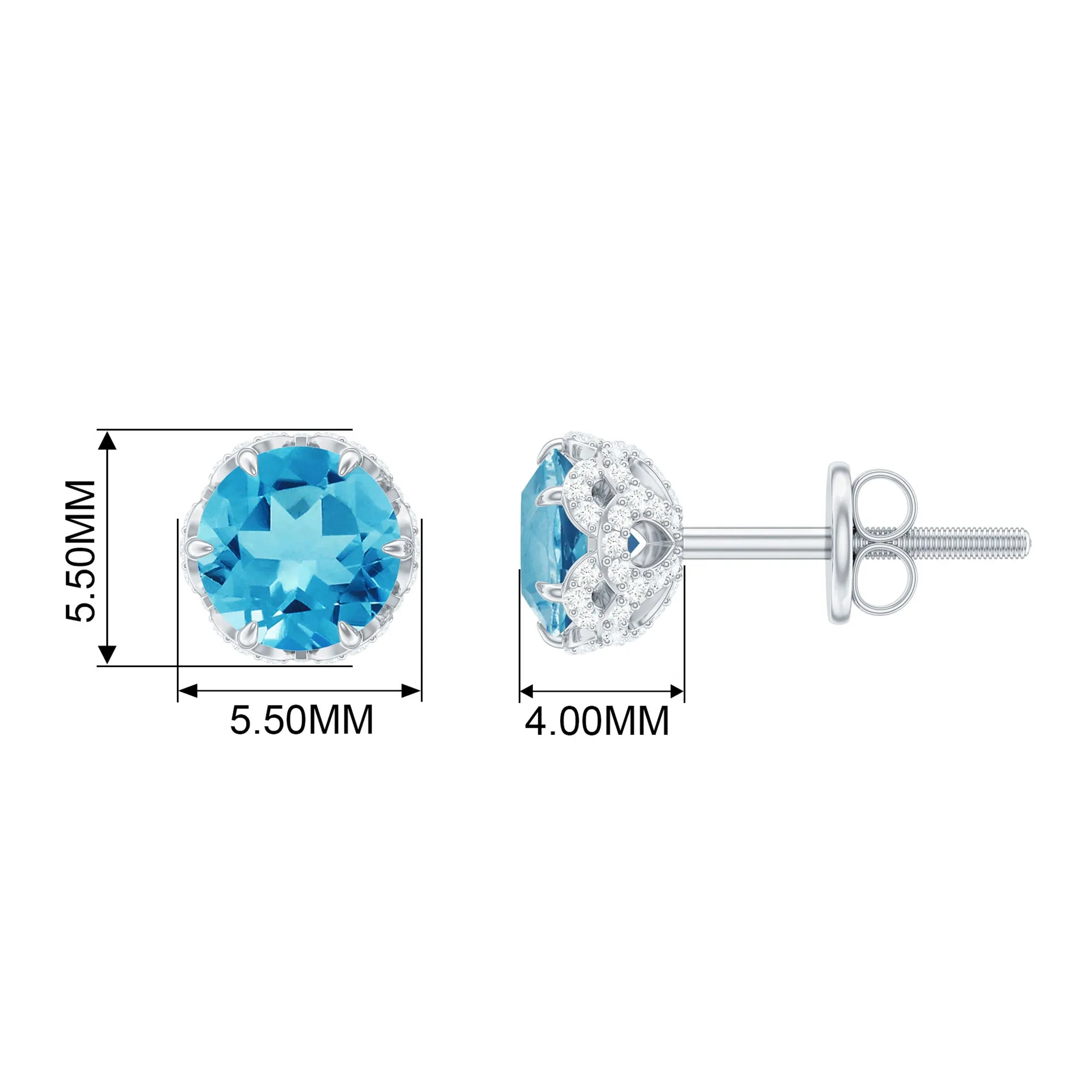 Lotus Basket Set Swiss Blue Topaz Solitaire Stud Earrings with Diamond Accent