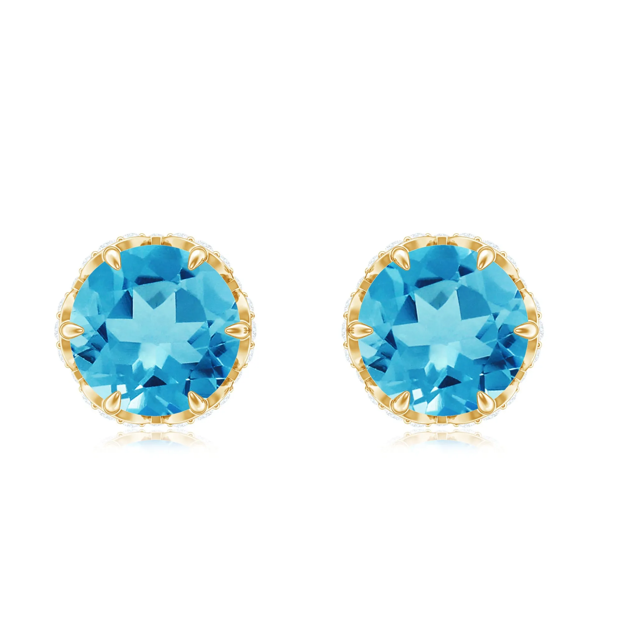 Lotus Basket Set Swiss Blue Topaz Solitaire Stud Earrings with Diamond Accent