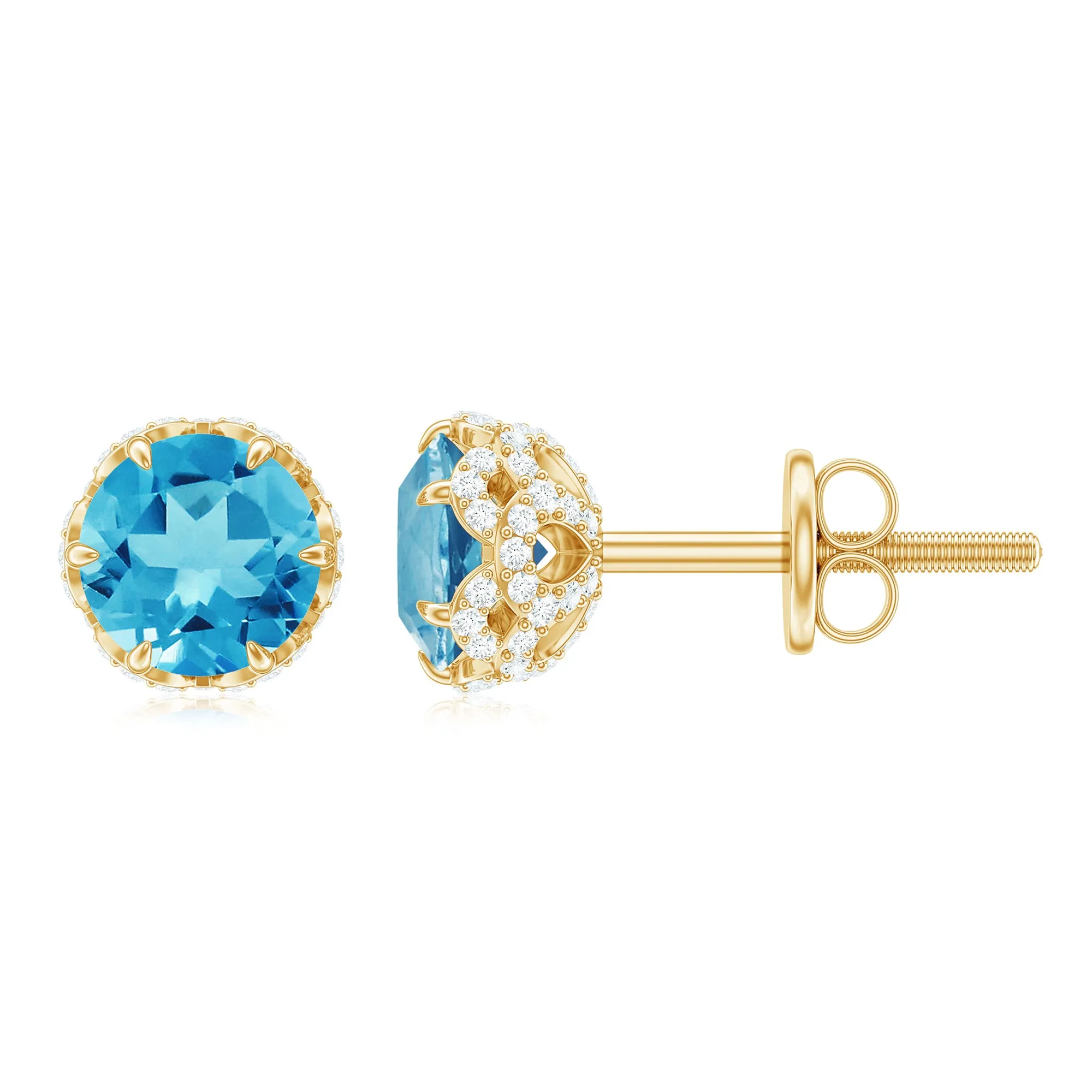 Lotus Basket Set Swiss Blue Topaz Solitaire Stud Earrings with Diamond Accent