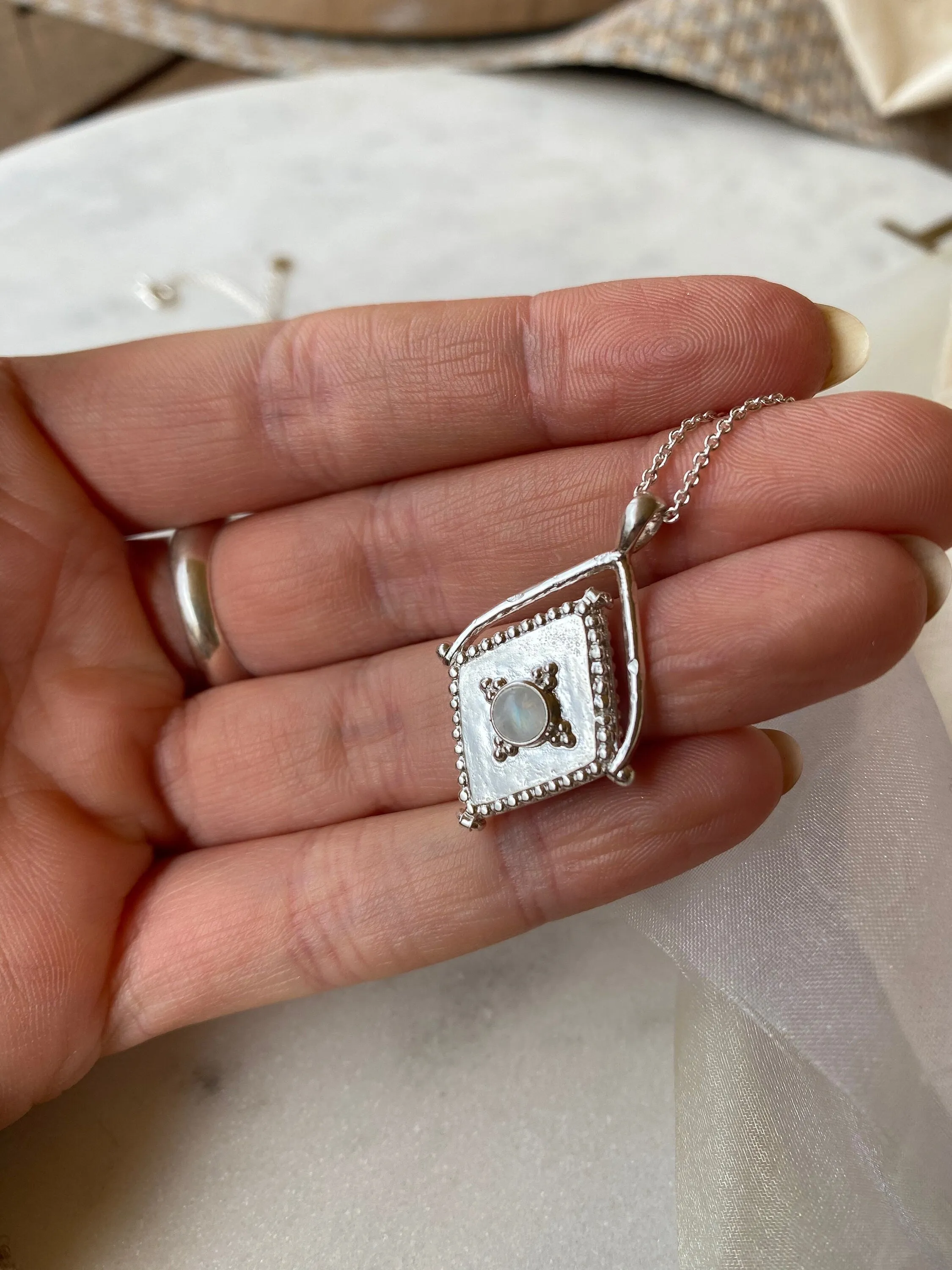 Lovers Locket Sterling Silver Rainbow Moonstone Necklace