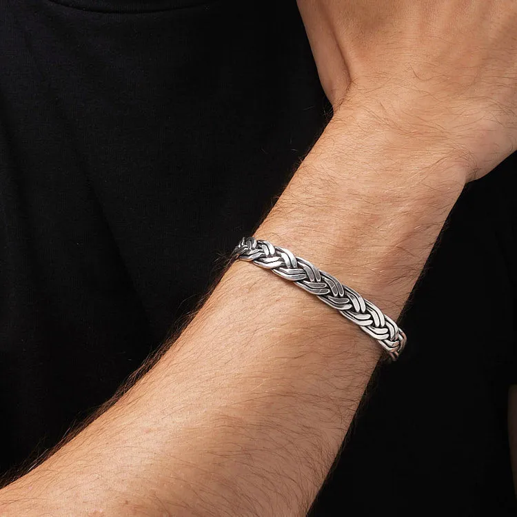 Men's 925 Sterling Silver Braied Bangle | Solid Silver Bracelet for Men