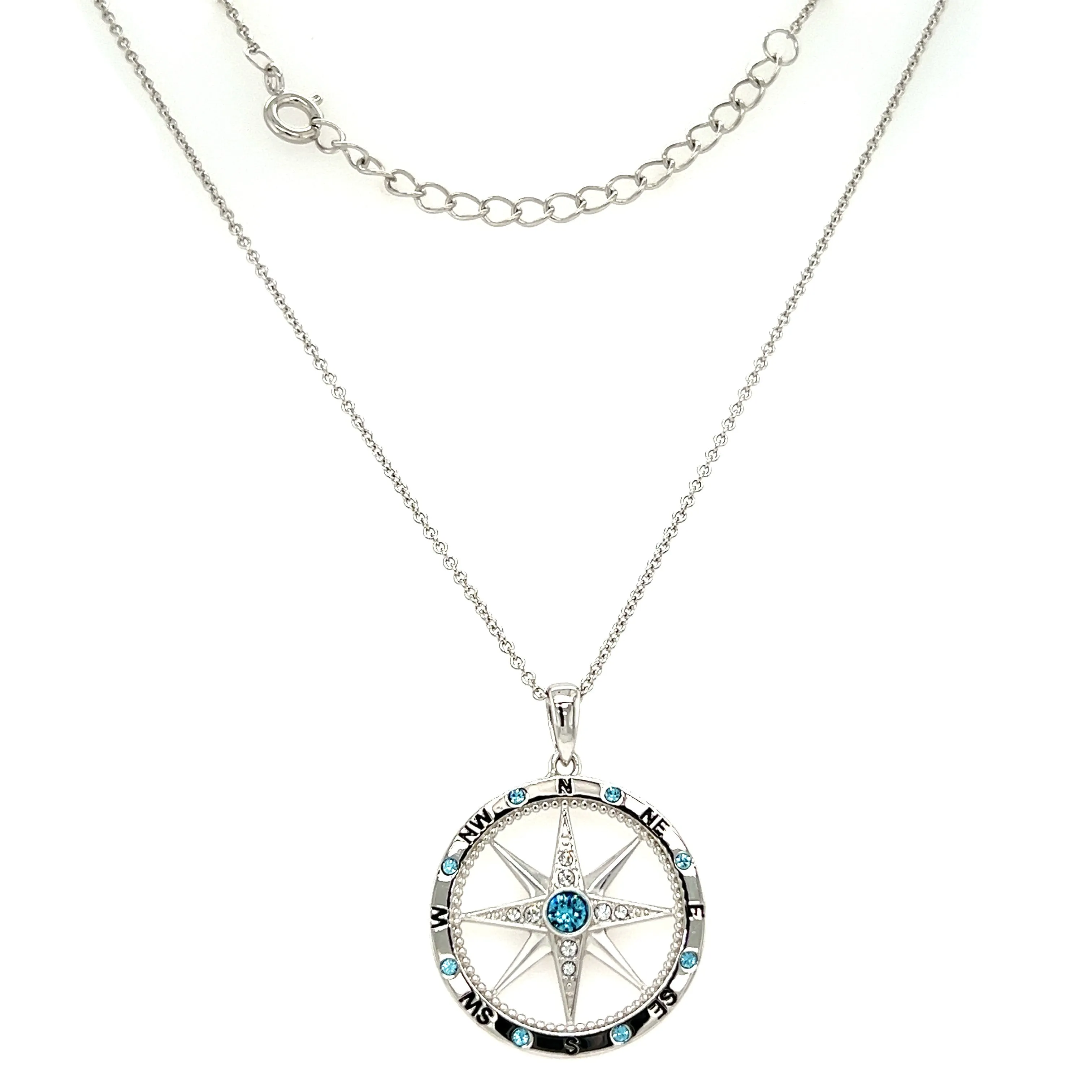 Milgrain Compass Necklace with Aquamarine and White Crystals in Sterling Silver