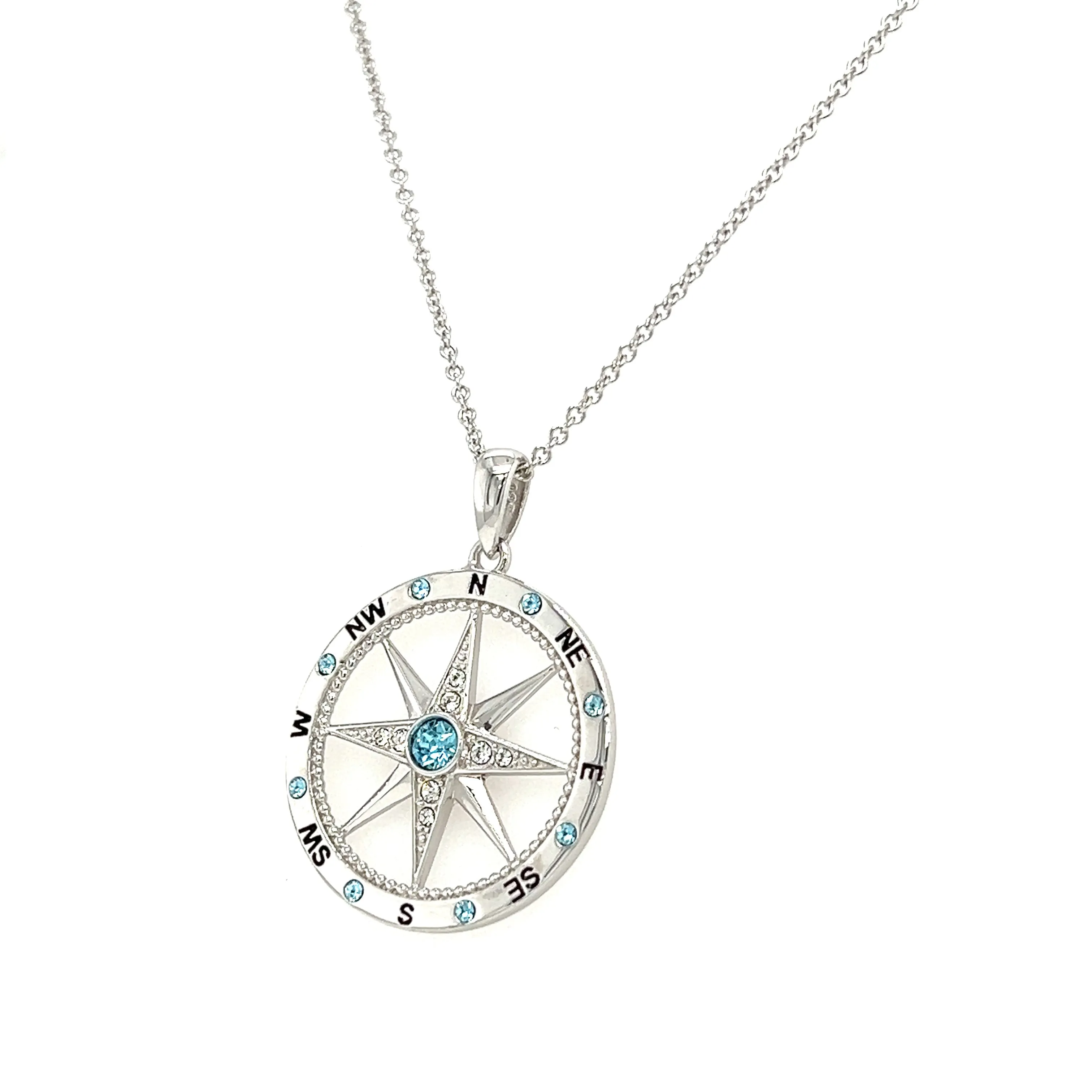 Milgrain Compass Necklace with Aquamarine and White Crystals in Sterling Silver