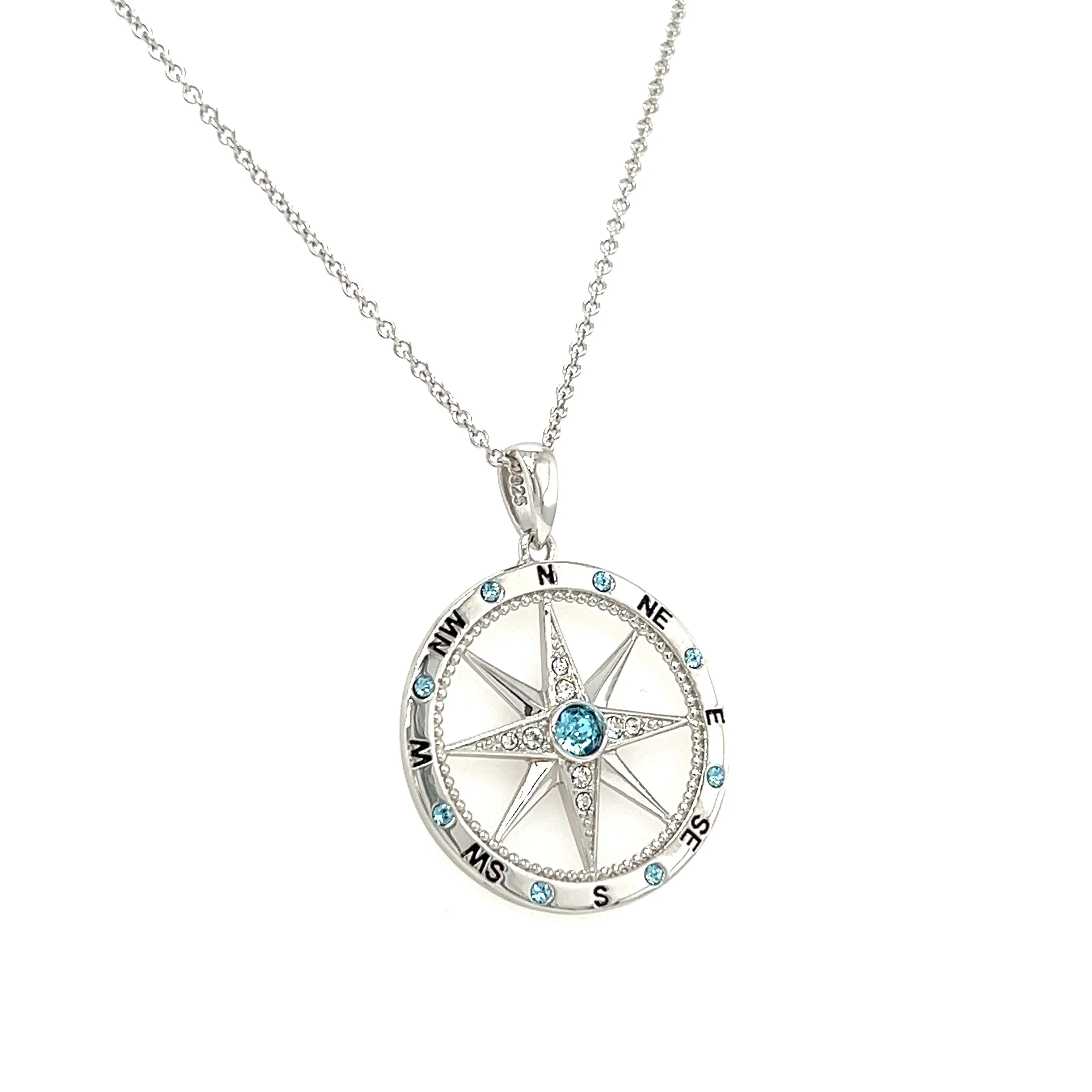 Milgrain Compass Necklace with Aquamarine and White Crystals in Sterling Silver