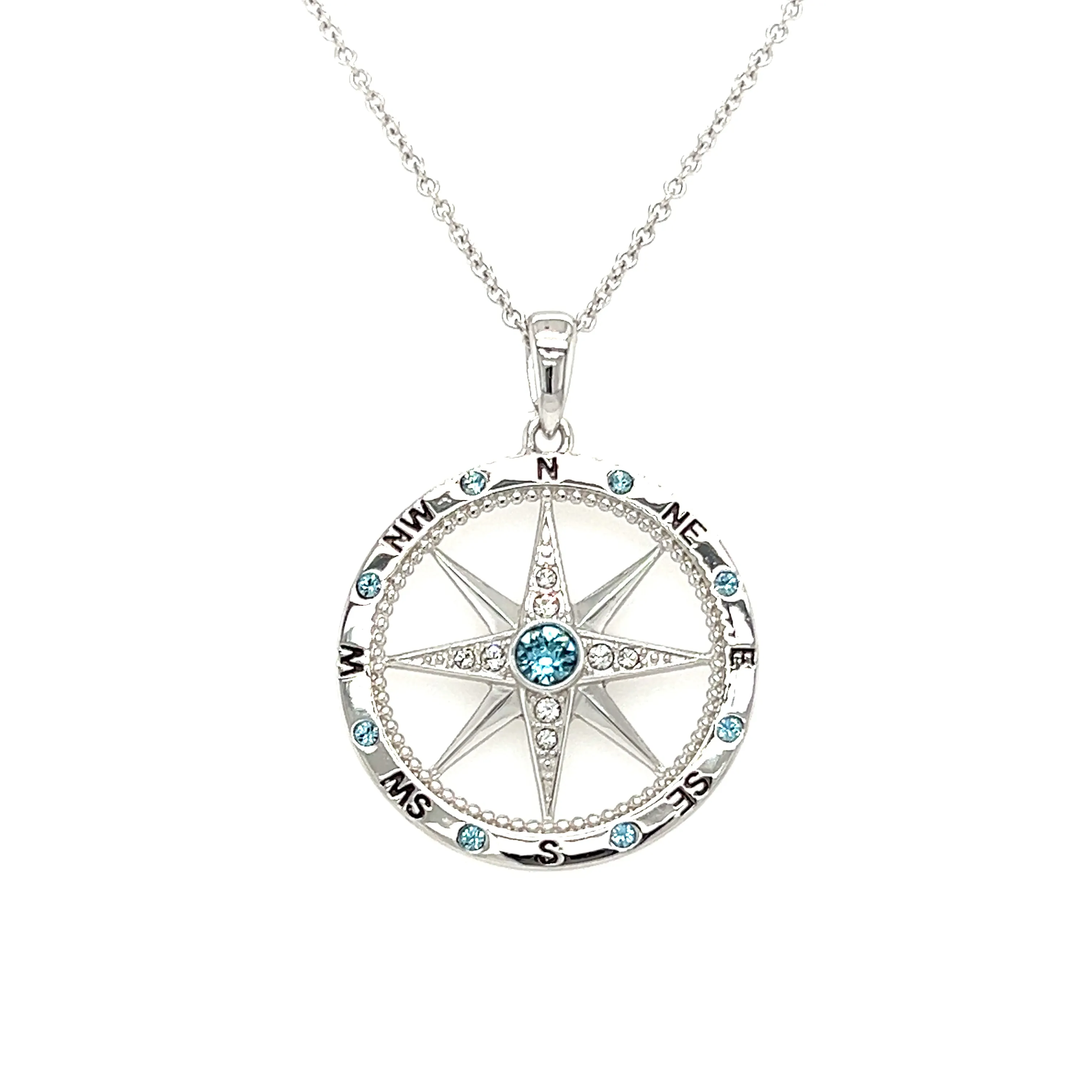 Milgrain Compass Necklace with Aquamarine and White Crystals in Sterling Silver