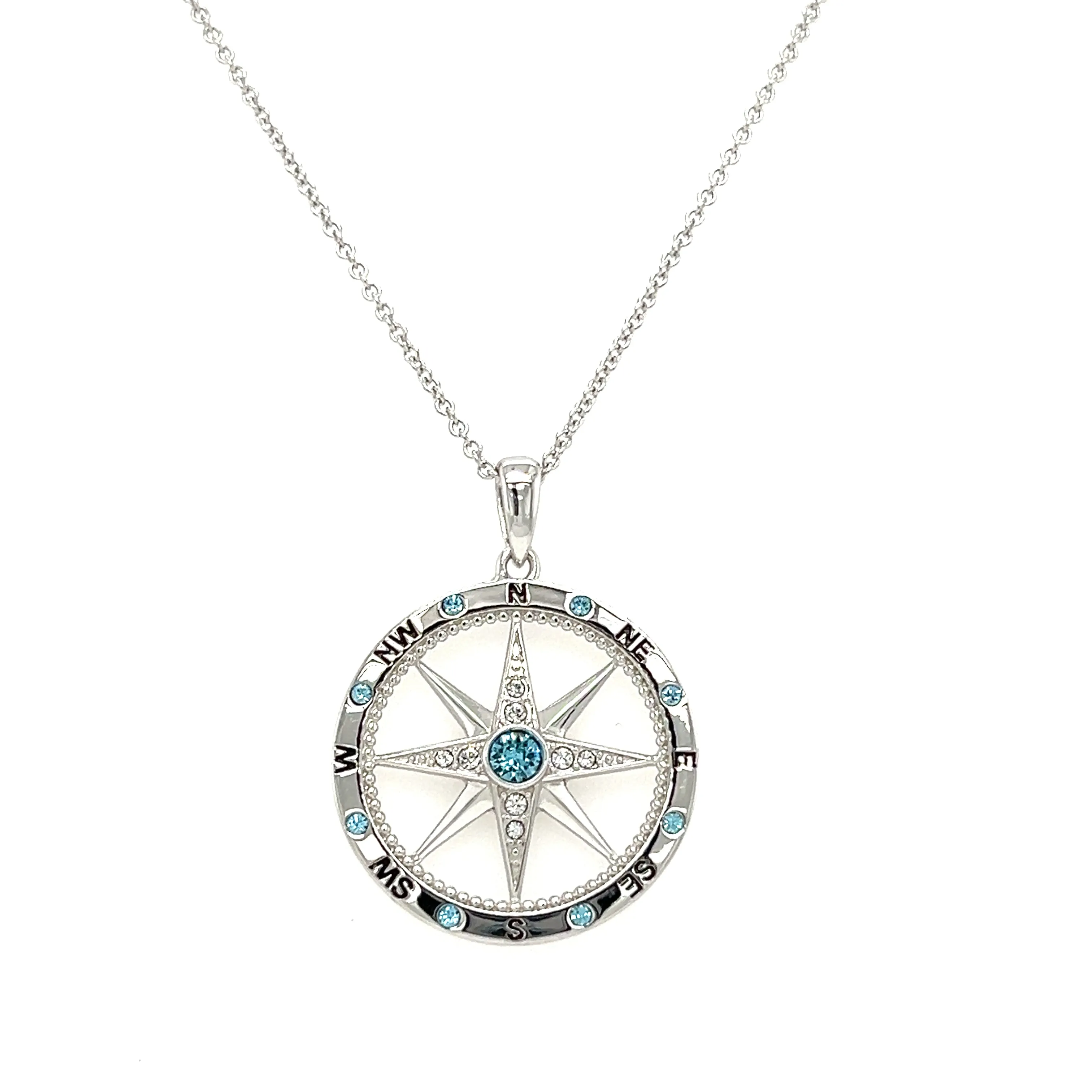 Milgrain Compass Necklace with Aquamarine and White Crystals in Sterling Silver