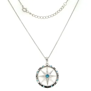 Milgrain Compass Necklace with Aquamarine and White Crystals in Sterling Silver