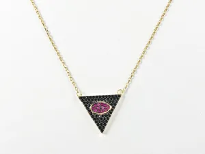 Modern Triangle With Oval Center Design With Micro Ruby & Black CZ Silver Necklace