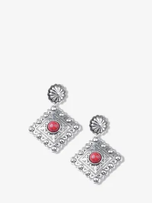 Montana West Red Stone Silver Rhombus Earrings
