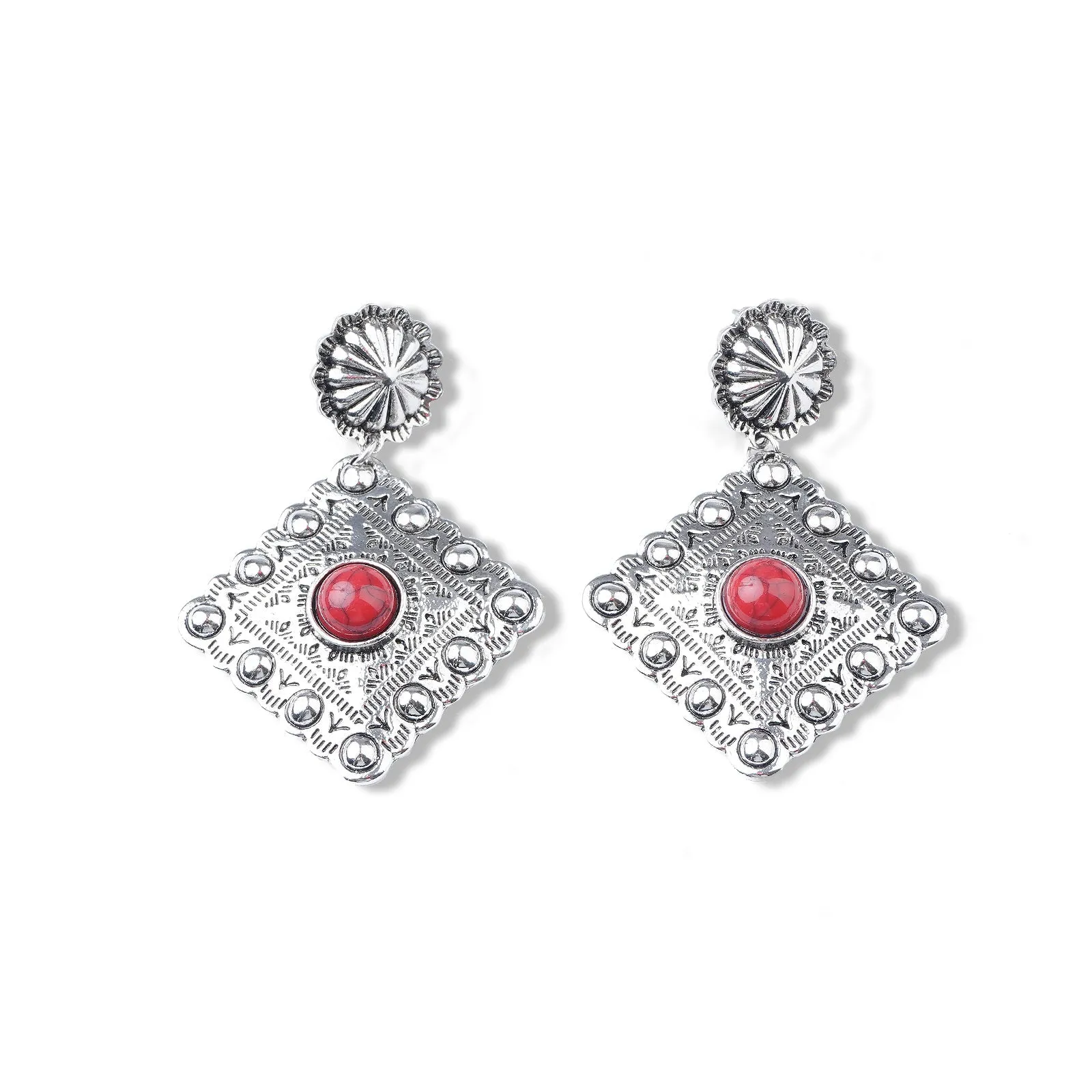 Montana West Red Stone Silver Rhombus Earrings