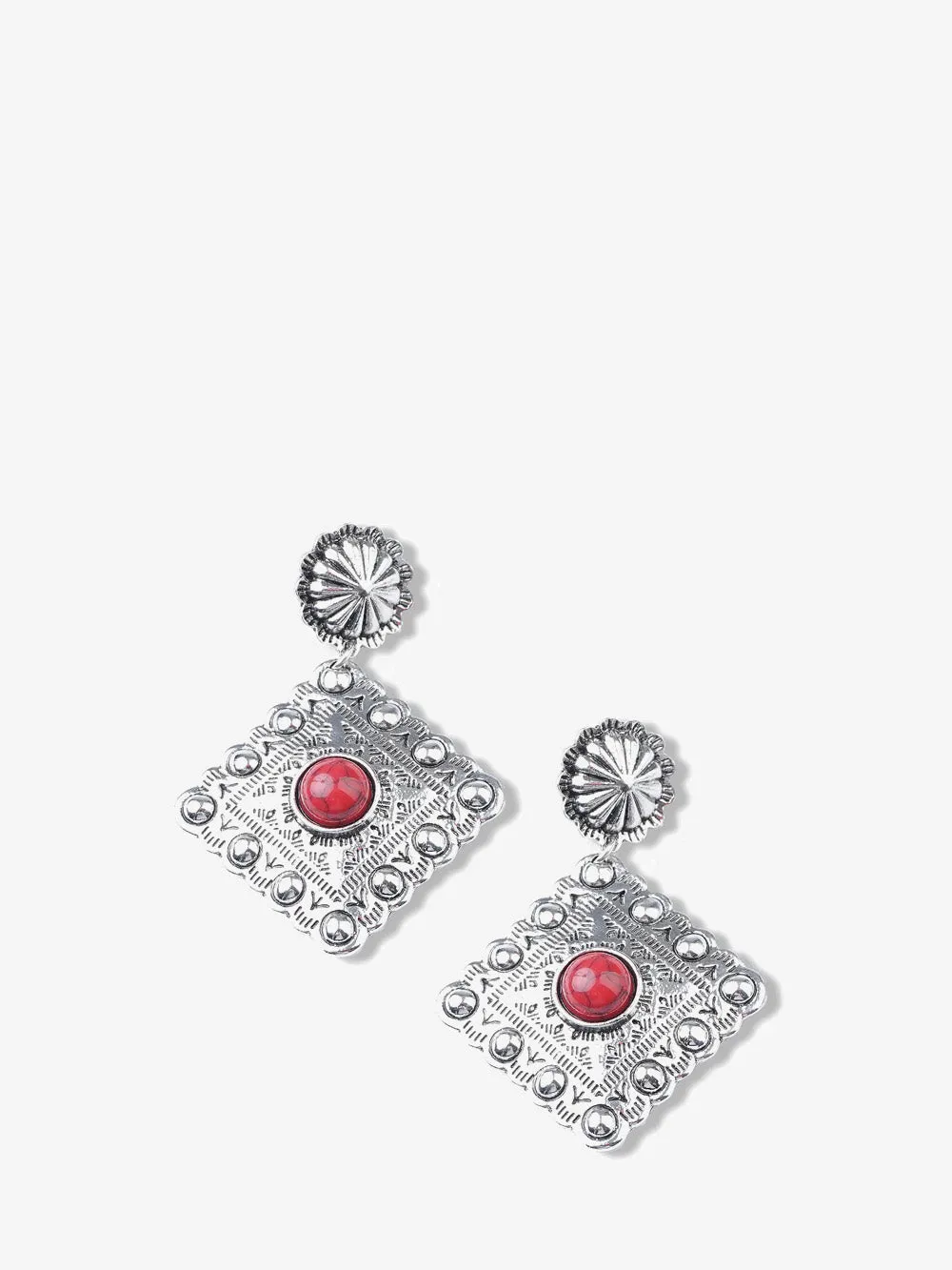 Montana West Red Stone Silver Rhombus Earrings