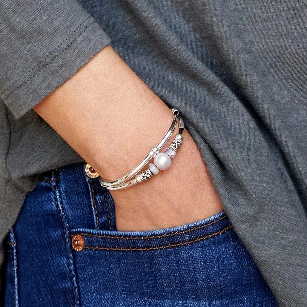 Moonstone Bracelet w Black Leather Strands, Silver Crescents & Pearls