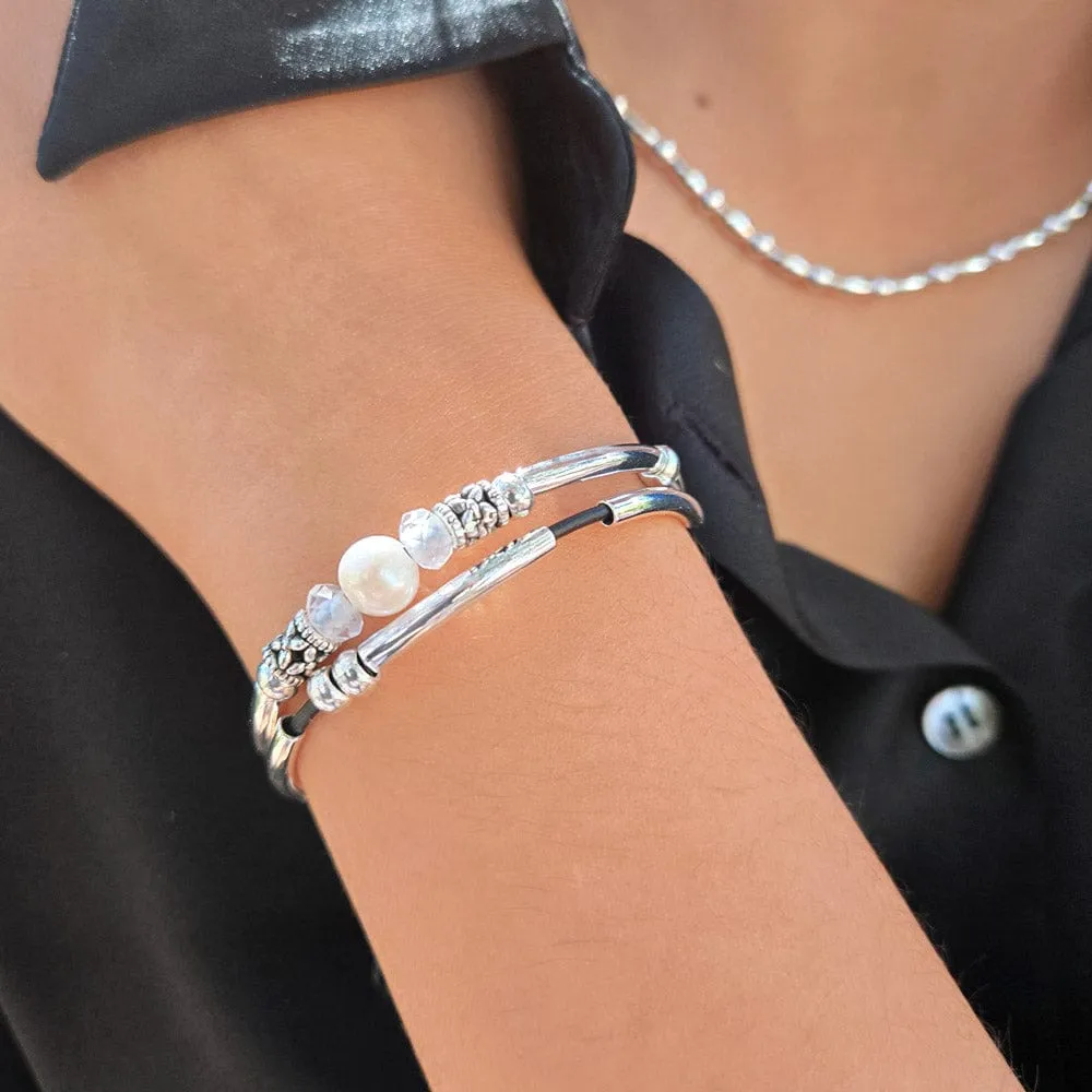 Moonstone Bracelet w Black Leather Strands, Silver Crescents & Pearls