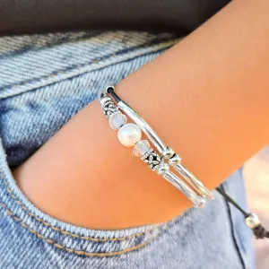 Moonstone Bracelet w Black Leather Strands, Silver Crescents & Pearls