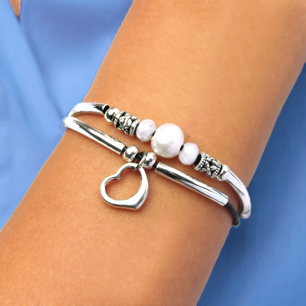Moonstone Bracelet w Black Leather Strands, Silver Crescents & Pearls