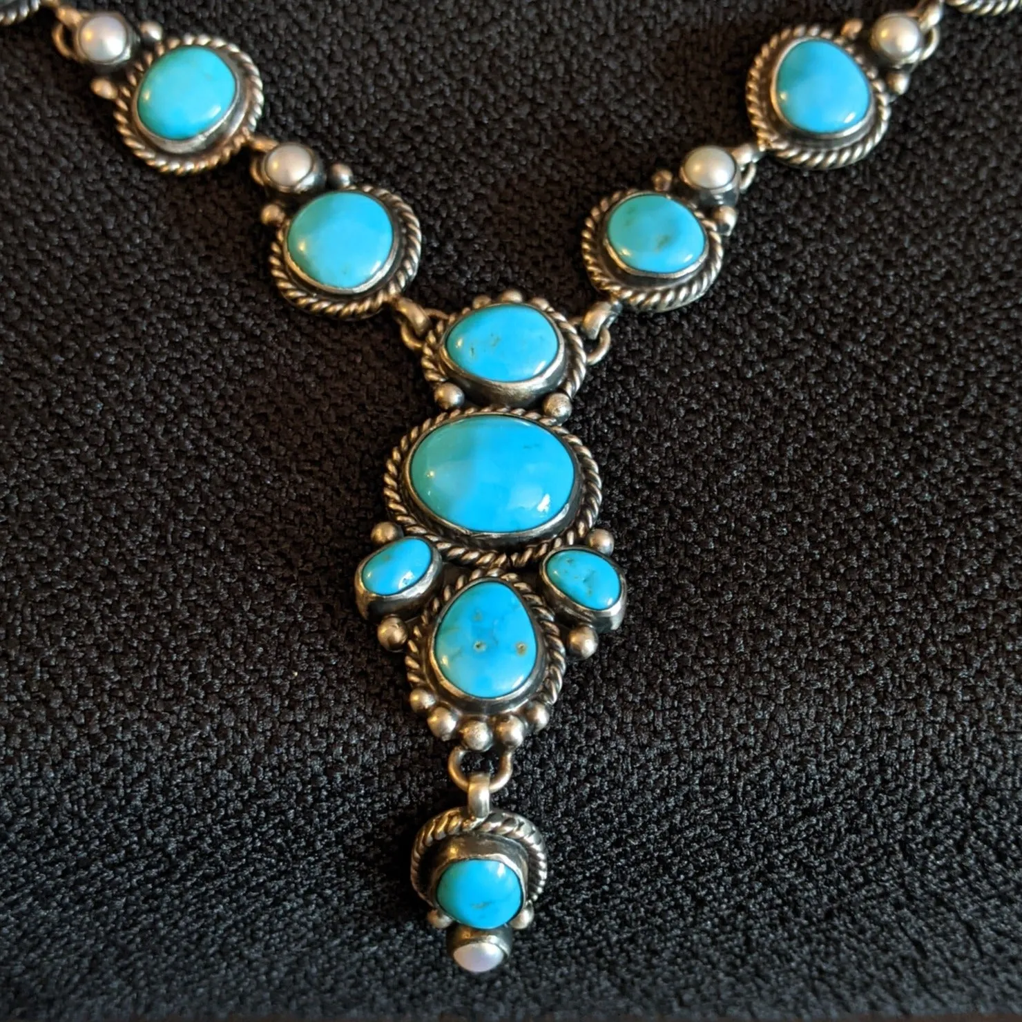 Navajo Made Sonoran Gold Turquoise & Freshwater Pearl Necklace Set by L.D. GJ-JWS-0014