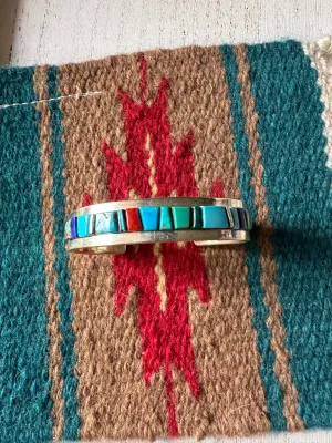 Navajo Multi Stone & Sterling Silver Inlay Cuff Bracelet Signed Patricia Ed Becenti