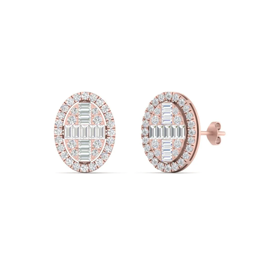 Oval Shaped Baguette Lab Diamond Stud Earrings For Women In 14K Gold