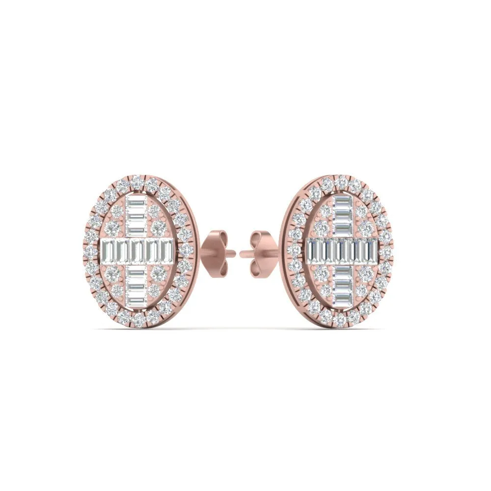 Oval Shaped Baguette Lab Diamond Stud Earrings For Women In 14K Gold