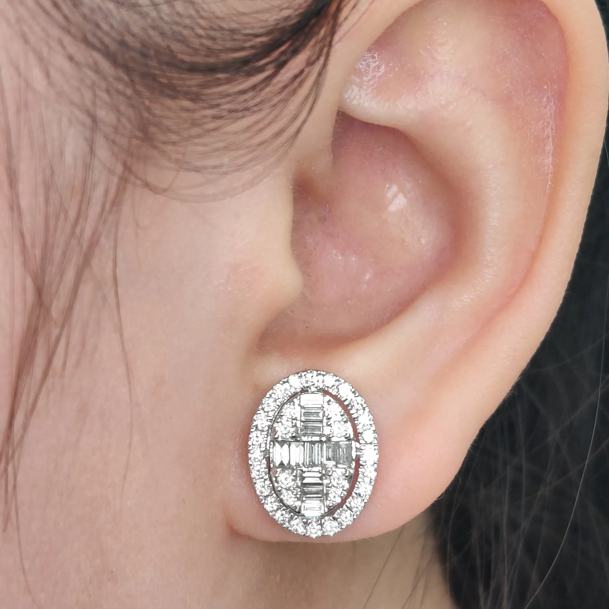 Oval Shaped Baguette Lab Diamond Stud Earrings For Women In 14K Gold