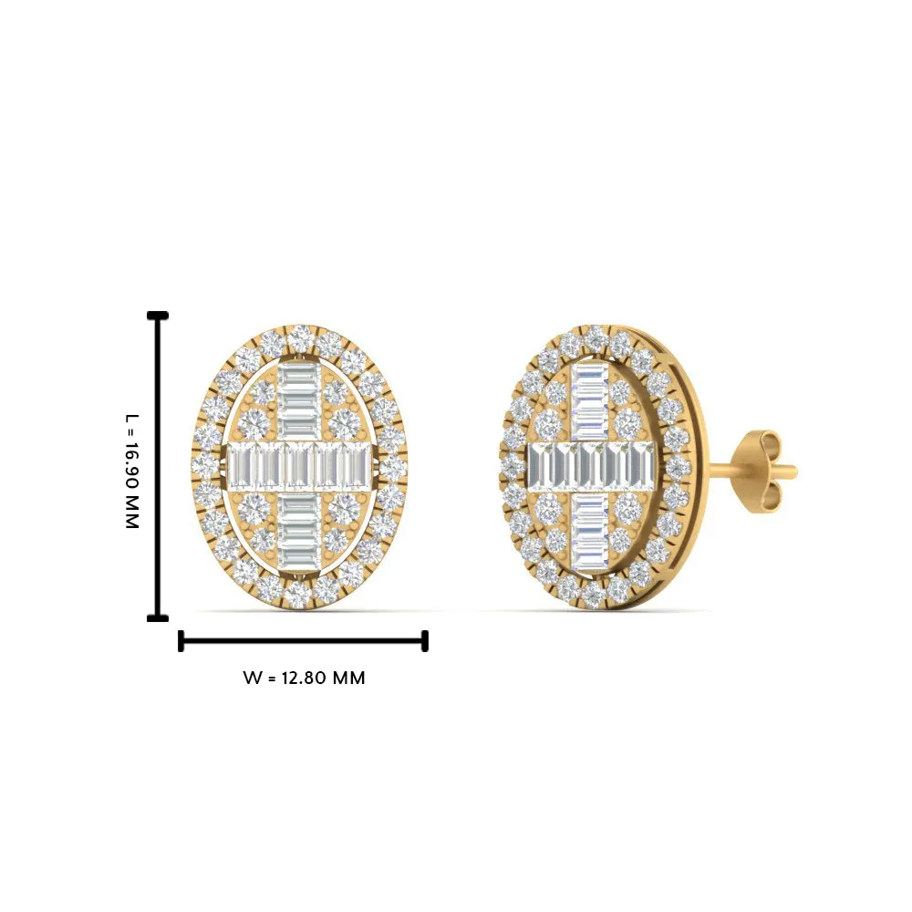 Oval Shaped Baguette Lab Diamond Stud Earrings For Women In 14K Gold
