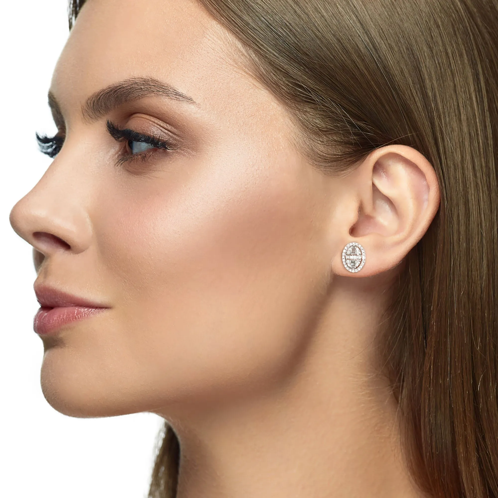 Oval Shaped Baguette Lab Diamond Stud Earrings For Women In 14K Gold