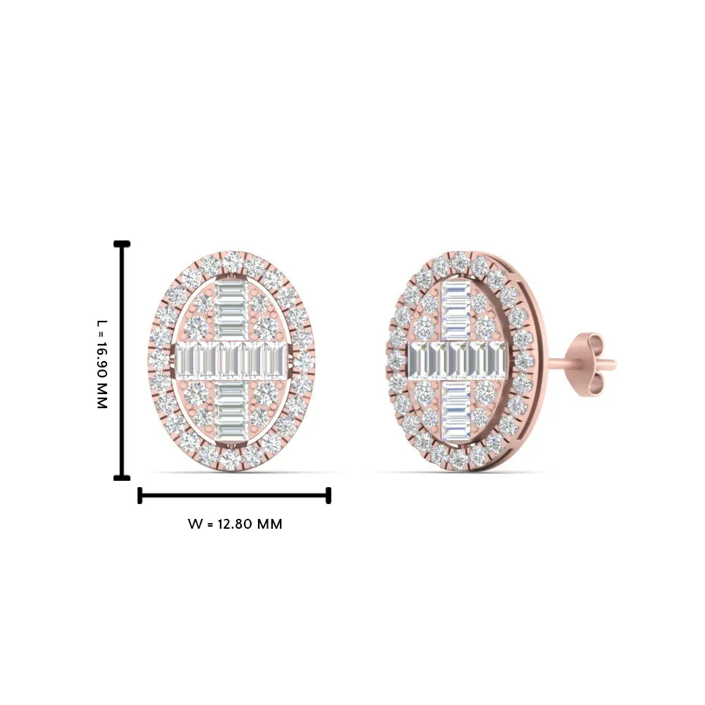 Oval Shaped Baguette Lab Diamond Stud Earrings For Women In 14K Gold