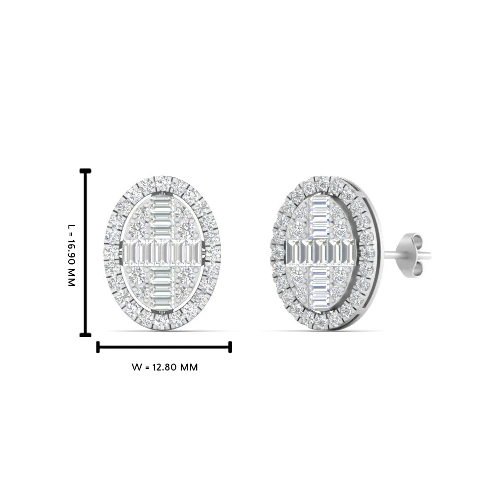 Oval Shaped Baguette Lab Diamond Stud Earrings For Women In 14K Gold