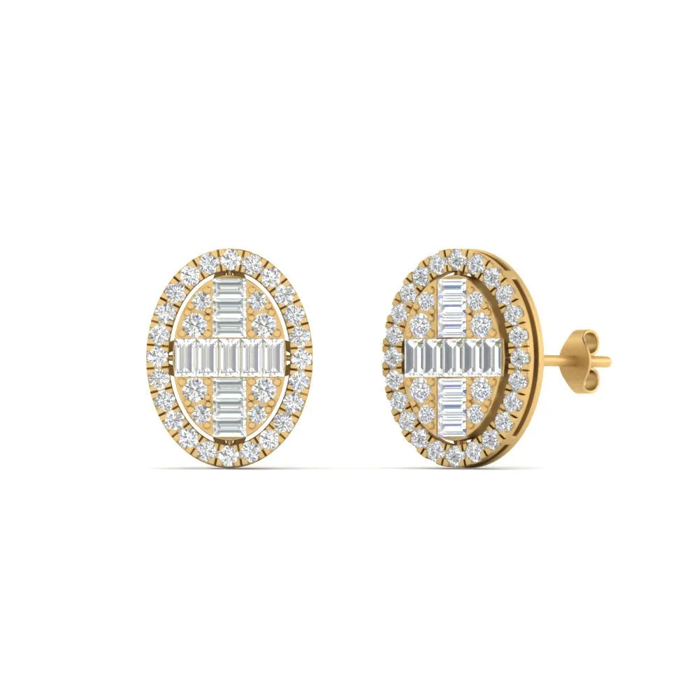 Oval Shaped Baguette Lab Diamond Stud Earrings For Women In 14K Gold