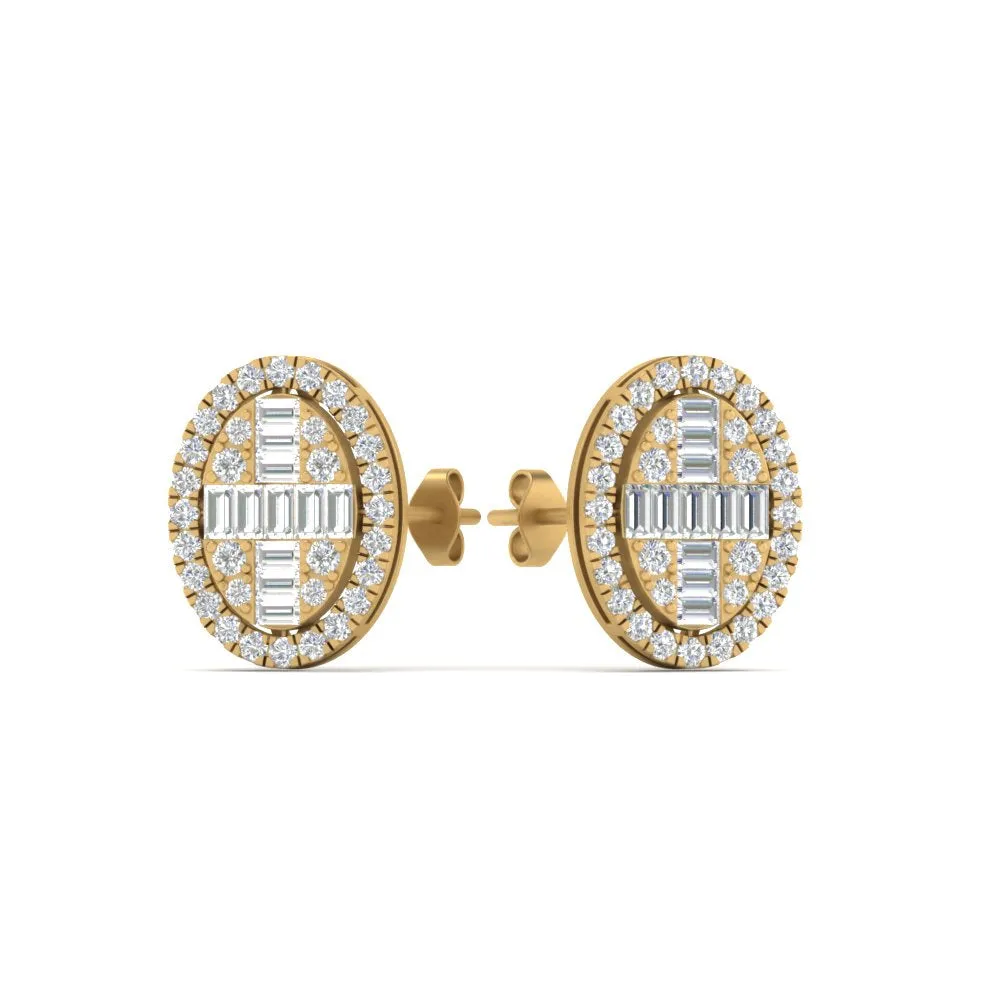 Oval Shaped Baguette Lab Diamond Stud Earrings For Women In 14K Gold