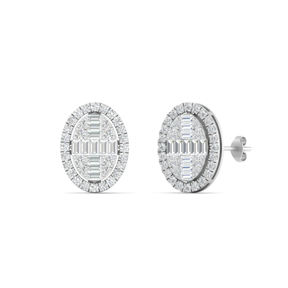 Oval Shaped Baguette Lab Diamond Stud Earrings For Women In 14K Gold